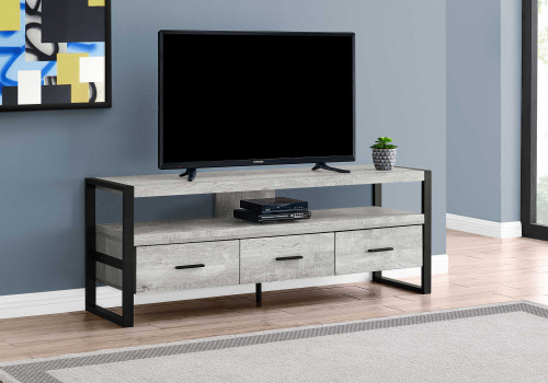 Homeroots Living Room 21.75" Grey Particle Board Hollow Core TV Stand, Black Metal