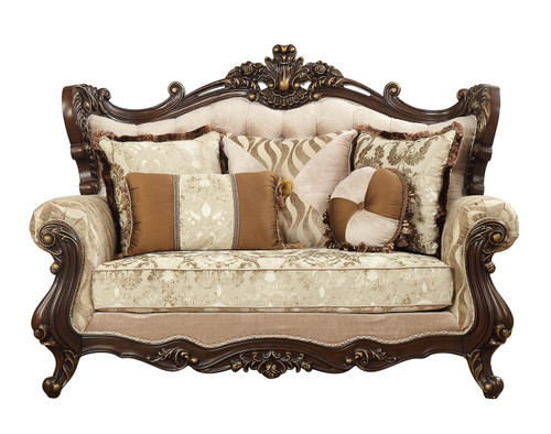 Homeroots Furniture Walnut Fabric Upholstery Loveseat, Wood Legs, with 5 Pillows, 41 x 70 x 51 Inches