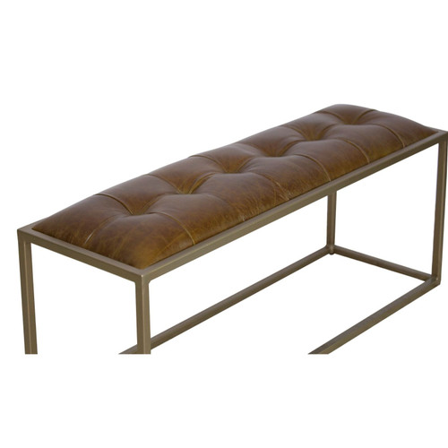 Homeroots Living Room 43" Gold and Brown Upholstered Genuine Leather Bench