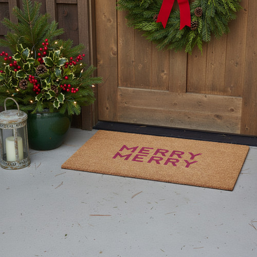 17" X 29" Brown And Pink Christmas Outdoor Coir Door Mat