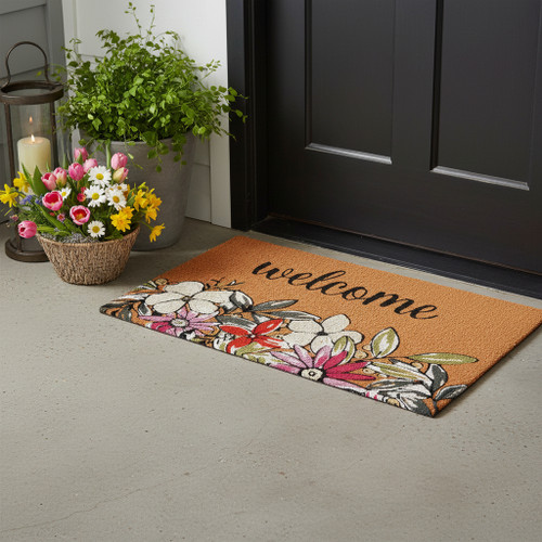 17" X 29" Brown Black And White Floral Welcome Outdoor Coir Door Mat