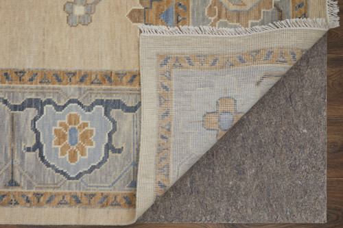 9' X 13' Gray Ivory and Blue Wool Floral Hand Knotted Area Rug With Fringe
