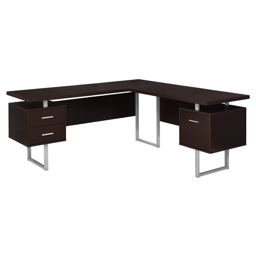 Homeroots Office 71" x 71" x 30" Computer Desk, Cappuccino Silver Finish, Particle Board and Metal Material
