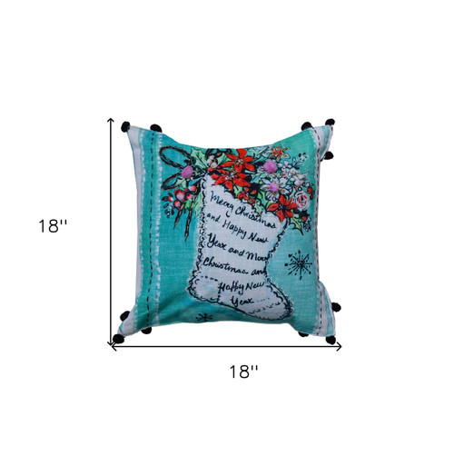 18" Teal and White Merry Christmas Christmas Cotton Blend Throw Pillow With Embroidery and Pom poms