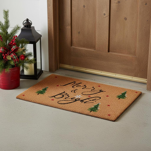 24" X 36" Brown Black And Green Christmas Merry and Bright Outdoor Coir Door Mat