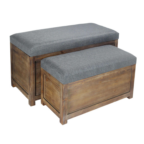 Homeroots Living Room Set of 2 Rectangular Gray Linen Fabric and Wood Slats Storage Benches