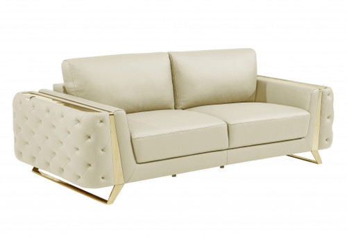 Homeroots Living Room 90" Beige Italian Leather and Gold Standard Sofa