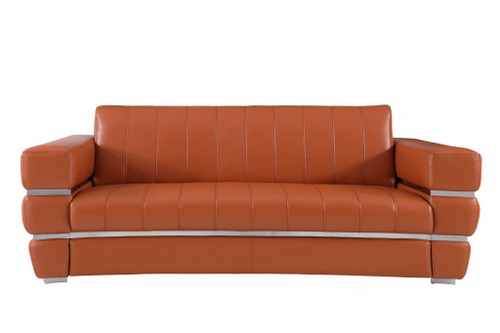 Homeroots Living Room 89" Camel Brown Genuine Leather Standard Sofa, Chrome Accents