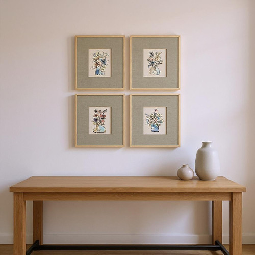 Set Of Four Floral Sketch Brown Framed Wall Art