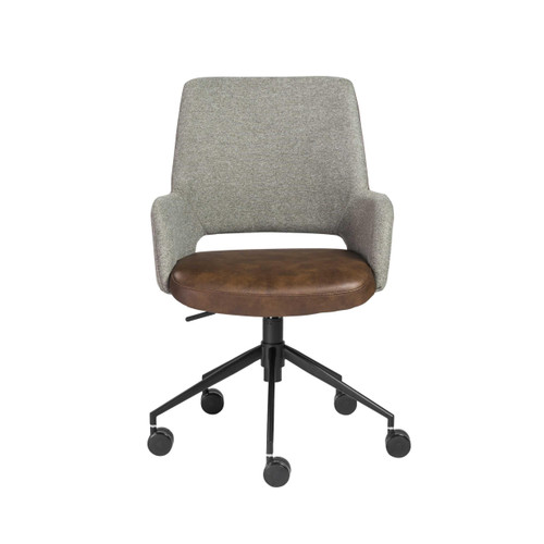 Homeroots Office 21.26" X 25.60" X 37.21" Tilt Office Chair in Gray Fabric and Light Brown Leatherette with Black Base