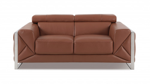 Homeroots Living Room 75" Camel Brown Italian Leather and Chrome Love Seat