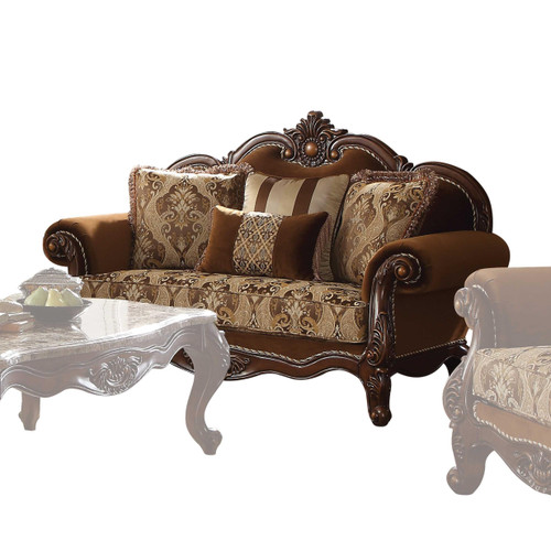 Homeroots Furniture Loveseat, Cherry Oak Fabric Upholstery, Wood Leg/Trim
