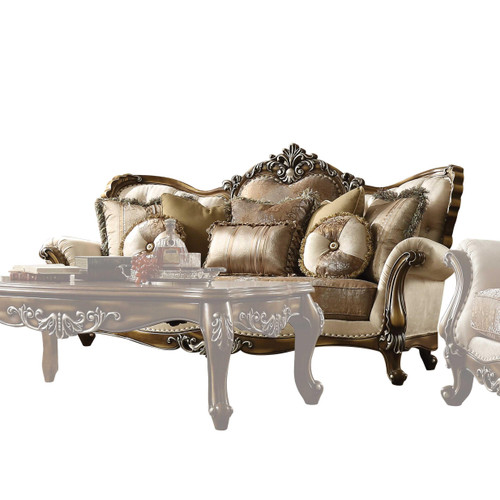 Homeroots Furniture 40" X 89" X 48" Tan Pattern Fabric Antique Oak Upholstery Wood Sofa with 6 Pillows