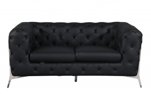 Homeroots Living Room 69" Black Tufted Italian Leather and Chrome Love Seat, Black, Tufted