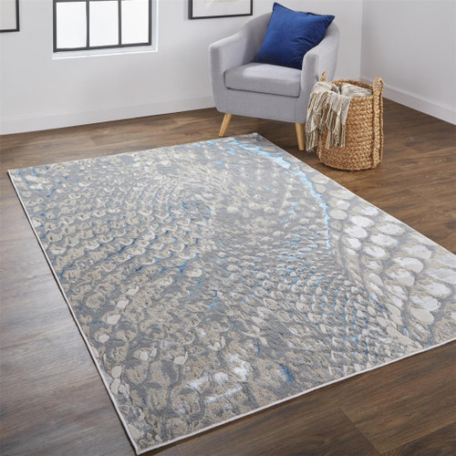 7' X 10' Blue Silver And Gray Geometric Stain Resistant Area Rug