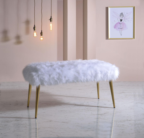 Homeroots Living Room White Faux Fur Gold Metal Bench, 18 x 38 x 20 Inches