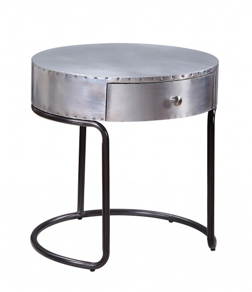 Homeroots Living Room 21" Round End Table with Drawer, Aluminum and Manufactured Wood