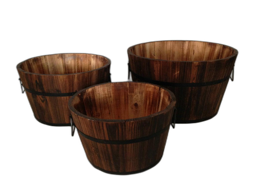 Set of Three Natural Wood Indoor Outdoor Round Pot Planters