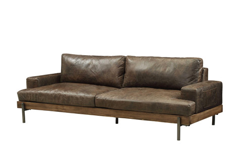 Homeroots Furniture 95" Distressed Chocolate Top Grain Leather Sofa, Chocolate Finish, Modern Style