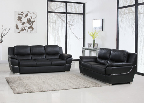 Homeroots 85" x 34" x 35" Modern Black Leather Sofa And Loveseat