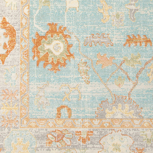 9' X 12' Blue and Orange Floral Stain Resistant Indoor Outdoor Area Rug