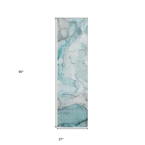 8' Runner Gray and Ivory Abstract Washable Non Skid Indoor Outdoor Runner Rug