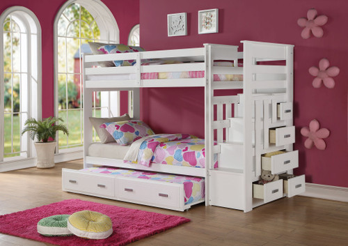 97" X 43" X 68" Twin Over Twin White Storage Ladder And Trundle  Bunk Bed Wood