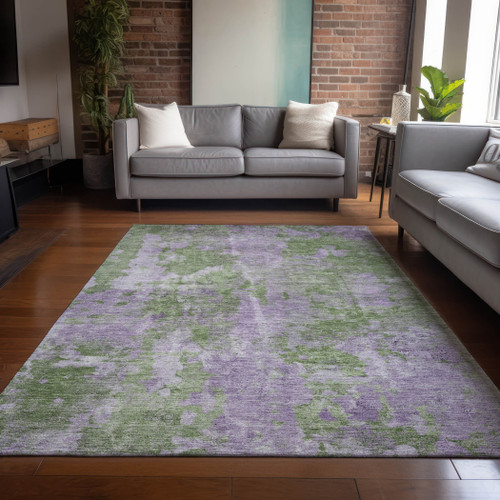 10' X 14' Green and Purple Abstract Washable Non Skid Indoor Outdoor Area Rug