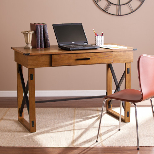 Homeroots Office Natural Brown Adjustable Height Desk, Natural Brown Finish