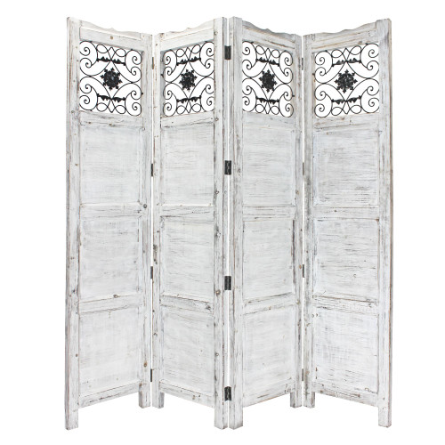 Homeroots Home Decor Gray Wash 4 Panel With Scroll Work Room Divider Screen, Gray/Blue Finish, 4 Panels