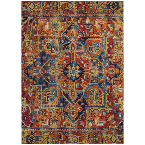 9' X 12' Red Orange and Blue Oriental Washable Non Skid Indoor Outdoor Area Rug
