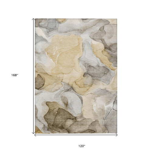 10' X 14' Brown Abstract Washable Non Skid Indoor Outdoor Area Rug