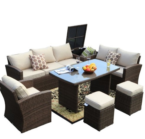 Homeroots Outdoor 179.85" X 31.89" 32.68" Brown 7Piece Steel Outdoor Sectional Sofa Set with Ottomans and Storage Box