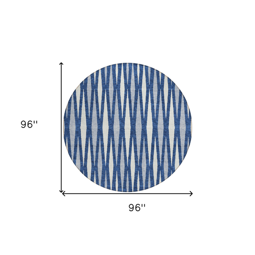 8' Navy Blue Gray And Ivory Round Geometric Washable Indoor Outdoor Area Rug