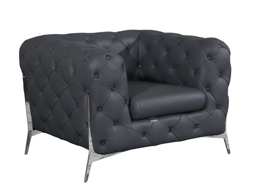 Homeroots Living Room Glam Gray and Chrome Tufted Leather Armchair, Gray, Chrome Legs, Tufted