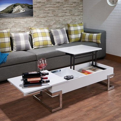 Homeroots Living Room Coffee Table, White and Chrome Finish, 47 x 20 x 14 Inches