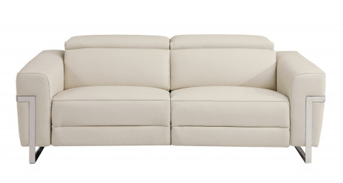 Homeroots Living Room 83" Beige Italian Leather Reclining Sofa, Beige and Black