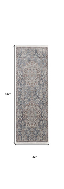 10' Blue and Ivory Floral Power Loom Runner Rug With Fringe