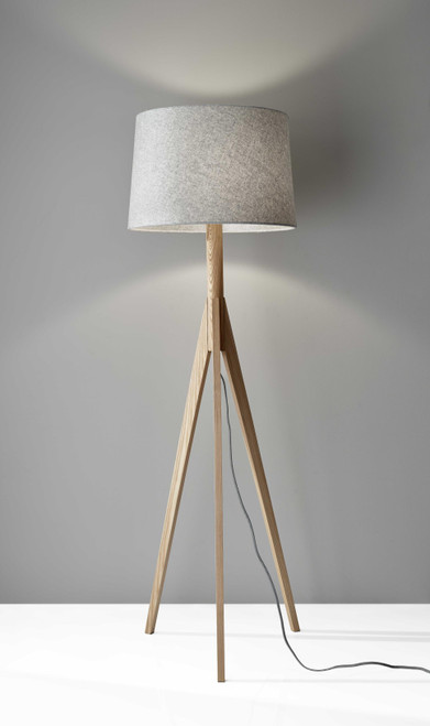 Homeroots Lighting Natural Wood Floor Lamp, Grey Felt Shade, Tripod Base