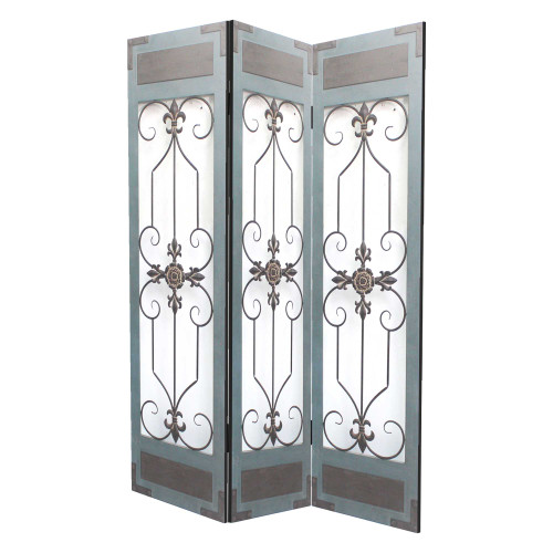 Homeroots 1" X 60" X 72" Home Decor 3?Panel Blue Wood Metal Screen, Blue