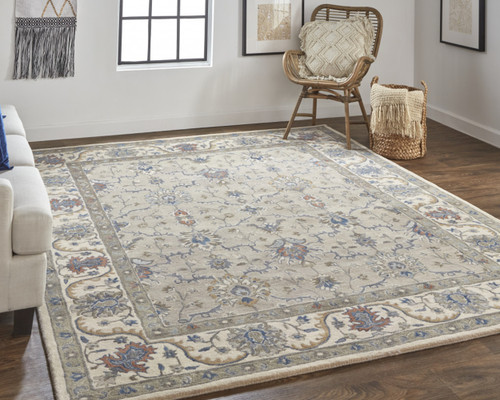 5' X 8' Ivory and Blue Wool Floral Hand Tufted Area Rug