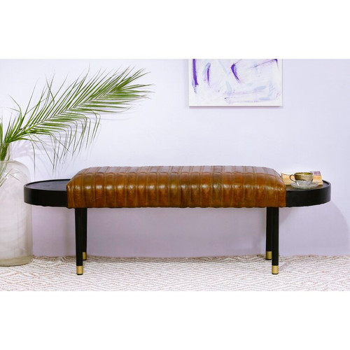 Homeroots Living Room Warm Brown Leather and Solid Wood Bench