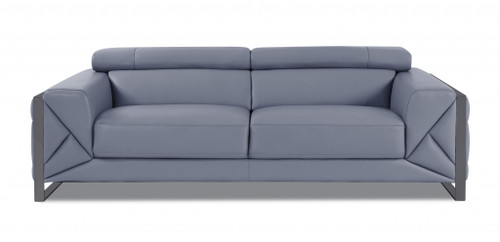 Homeroots Living Room 89" Light Blue and Chrome Genuine Leather Standard Sofa, Light Blue, 89" Width