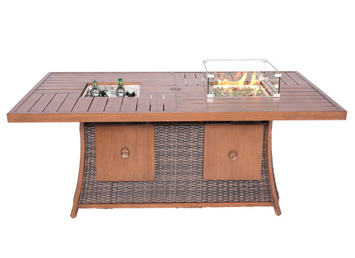 Homeroots Outdoors Wicker Outdoor Gas Fire Pit Table with Ice Bucket, Brown