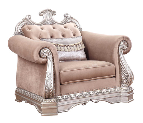 Homeroots 42" X 48" X 42" Velvet Antique Champagne Upholstery Poly-Resin Chair, Antique Champagne Finish, with 1 Pillow