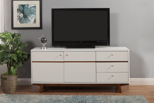 Homeroots Living Room White Mid Century Modern TV Console, White Finish with Acorn Accents