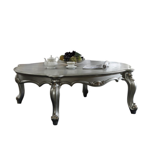 Homeroots Furniture 47" X 54" X 20" Antique Platinum Wood Poly-Resin Coffee Table, Antique Platinum Finish