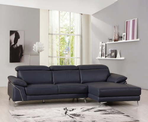 Homeroots Living Room 114'' X 67'' X 39'' Modern Blue Genuine Italian Leather Sectional, Blue