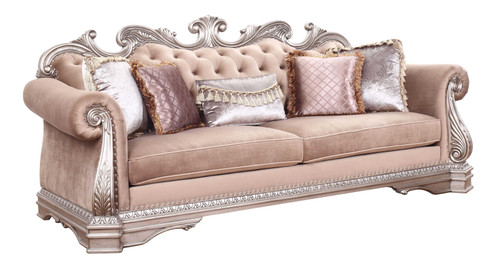Homeroots Living Room Velvet Antique Champagne Upholstery PolyResin Sofa, Antique Champagne, 42 X 100 X 42, With 5 Pillows