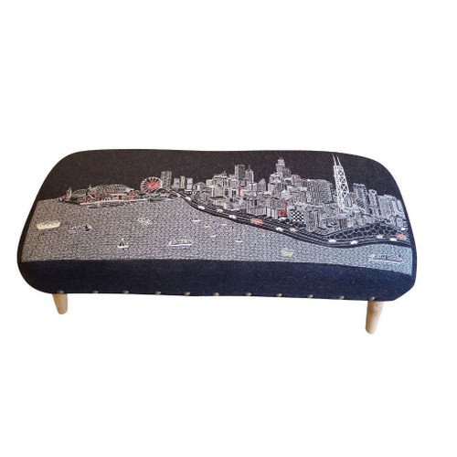 Homeroots Living Room Chicago Nighttime Skyline Embroidered Ottoman, Black, 38"